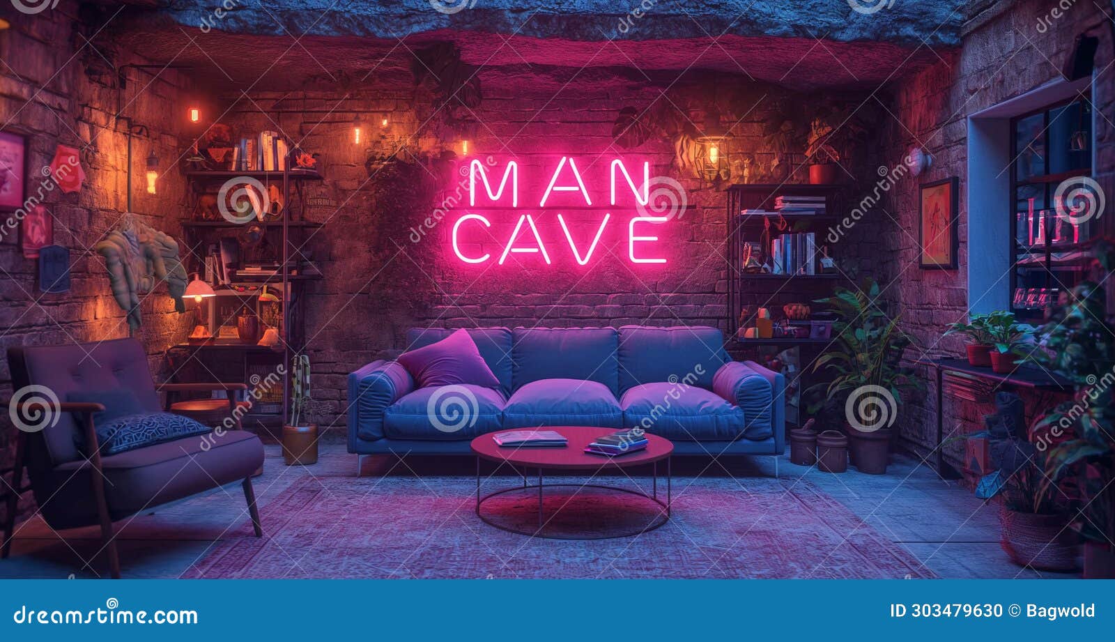 man cave neon sign  in a dark man cave