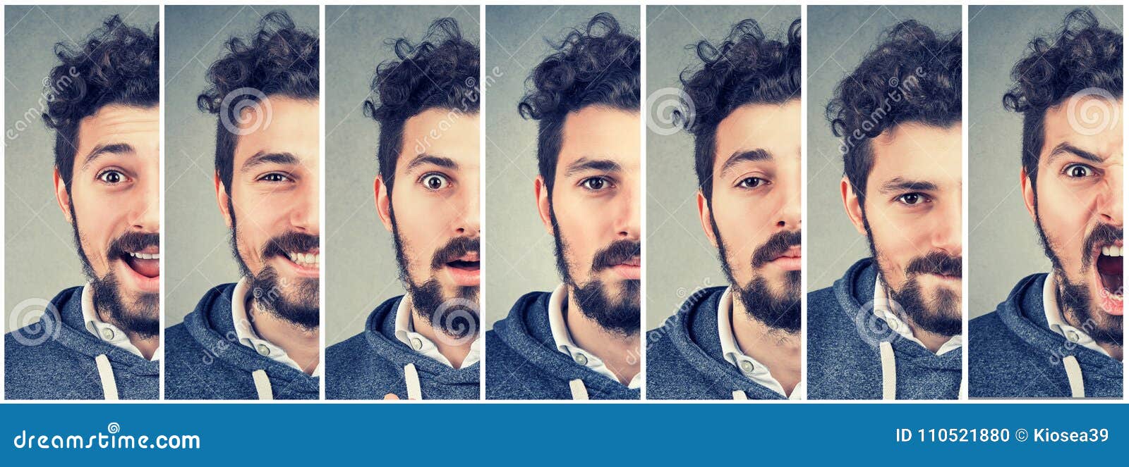 man changing mood expressing different emotions