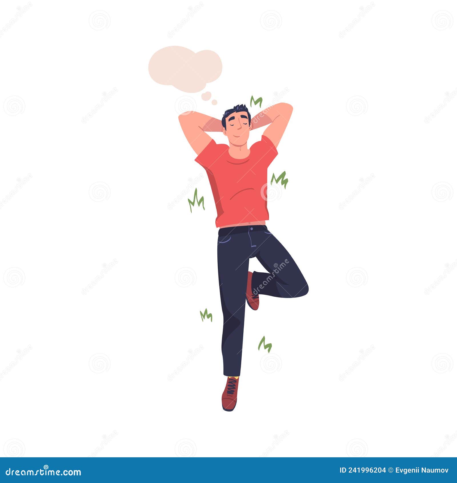 man character dreaming imagining and fantasizing having spontaneous thought in bubble lying on grass above view 