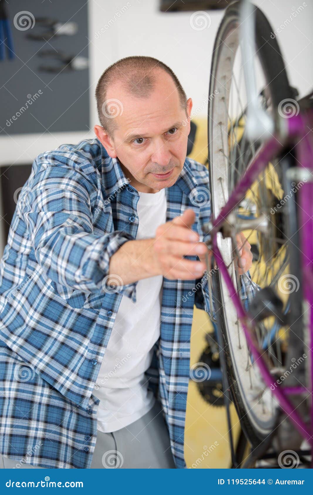 Man Checking Bicycle Wheel Alignment Stock Photo Image of axle