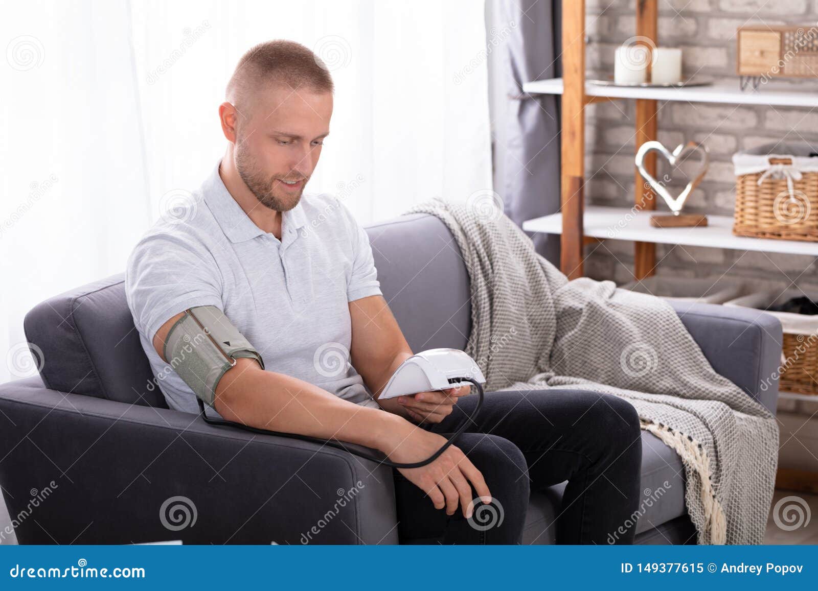 Man Checking Blood Pressure at Home Stock Image Image of examination