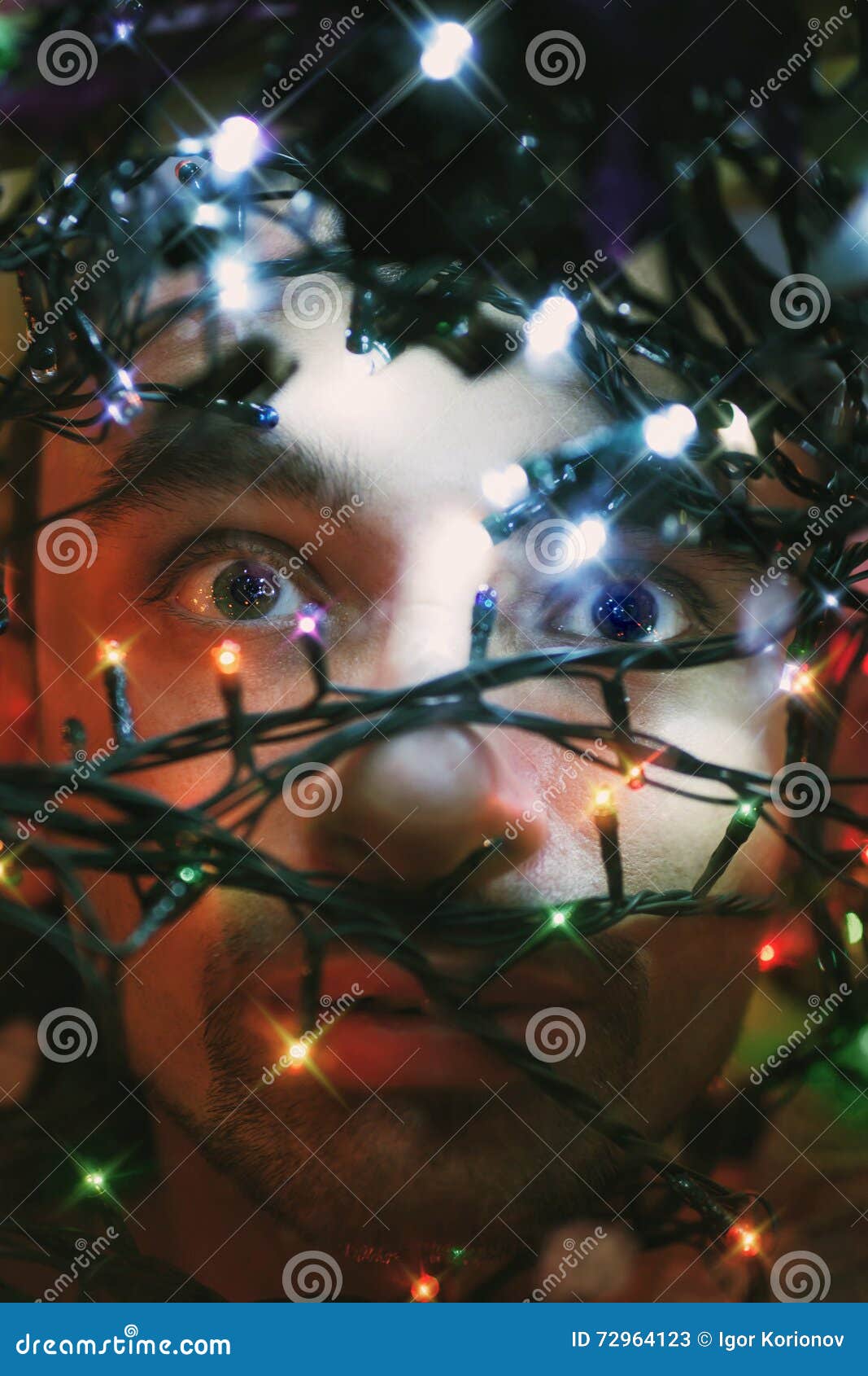 Man with Christmas lights stock image. Image of people 72964123