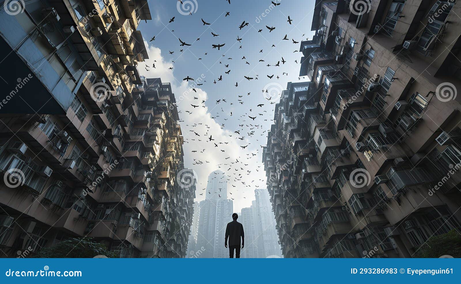 man in the city looks at a group of birds flaying