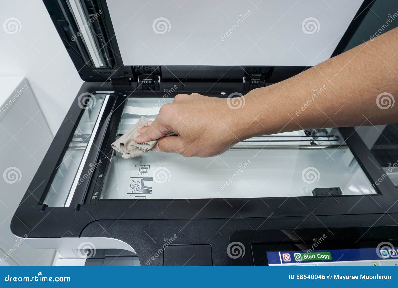 Man Clean Glass Plate of Office Printer with Right Hand Stock Photo Image of close, business