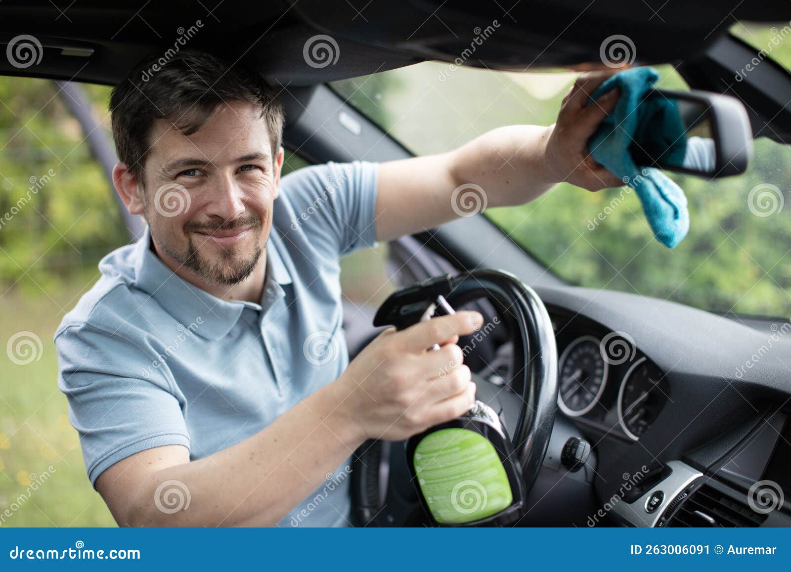 Man Cleaning Car Interior with Spray Stock Image Image of person, dust 263006091