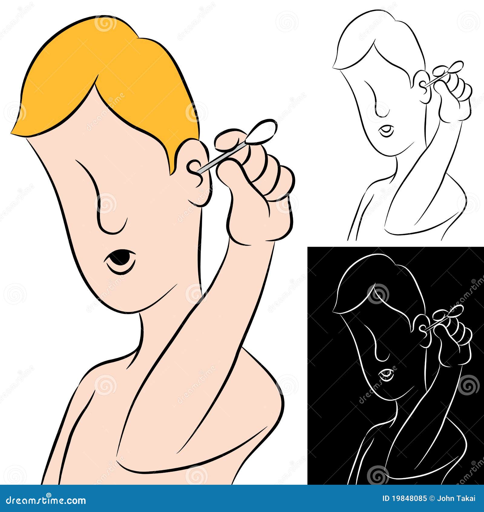 Man Cleaning Ear with Swab. Stock Vector Illustration of black