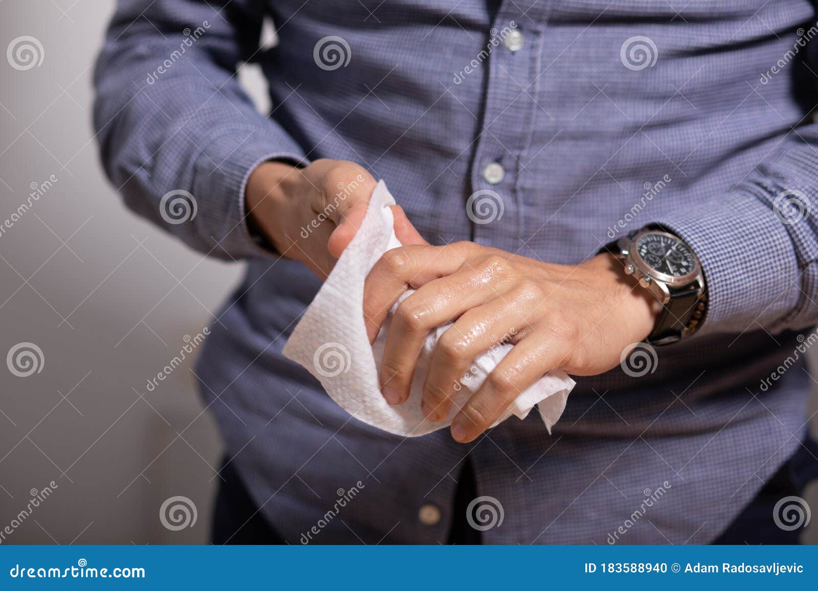 Man Cleaning Hands with Wet Wipes Stock Photo Image of cotton, clear 183588940