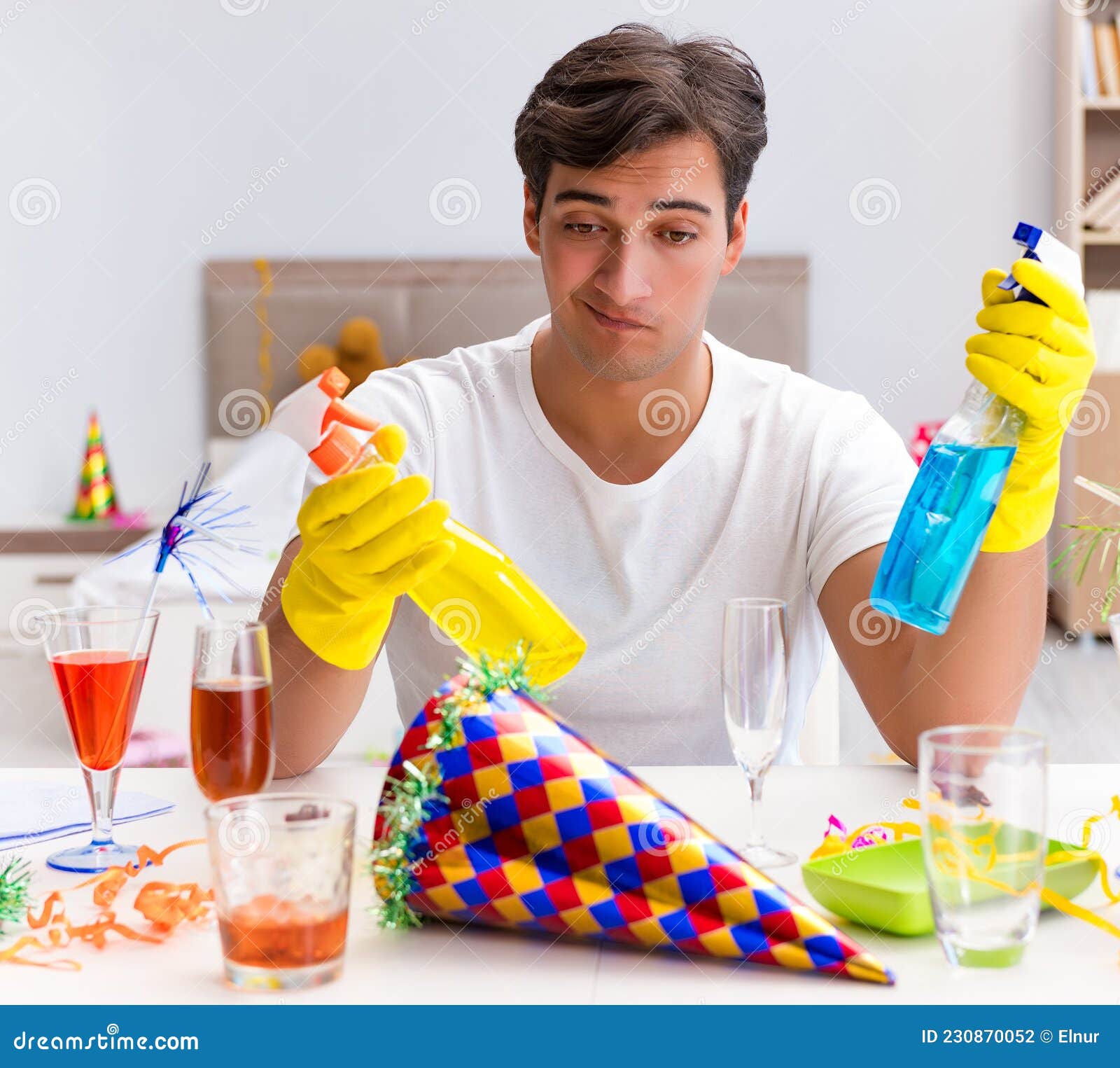 Man Cleaning the House after Christmas Party Stock Photo Image of