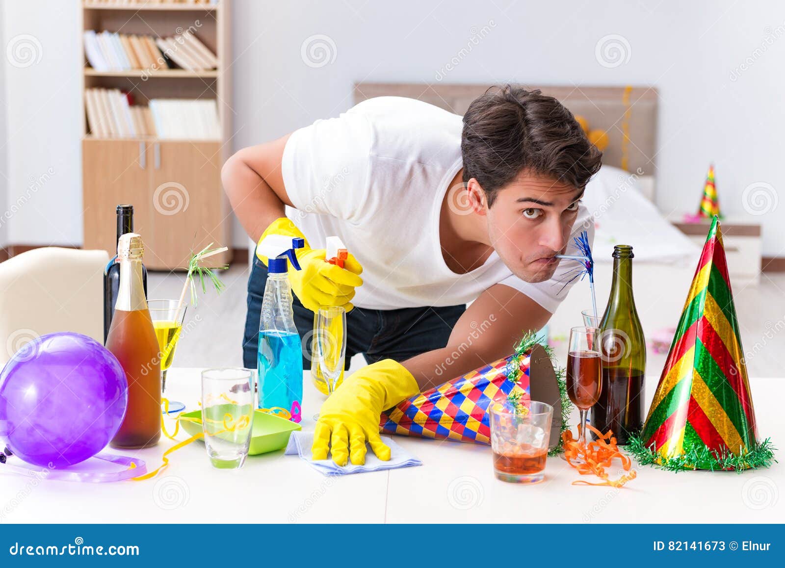 The Man Cleaning the House after Christmas Party Stock Image Image of