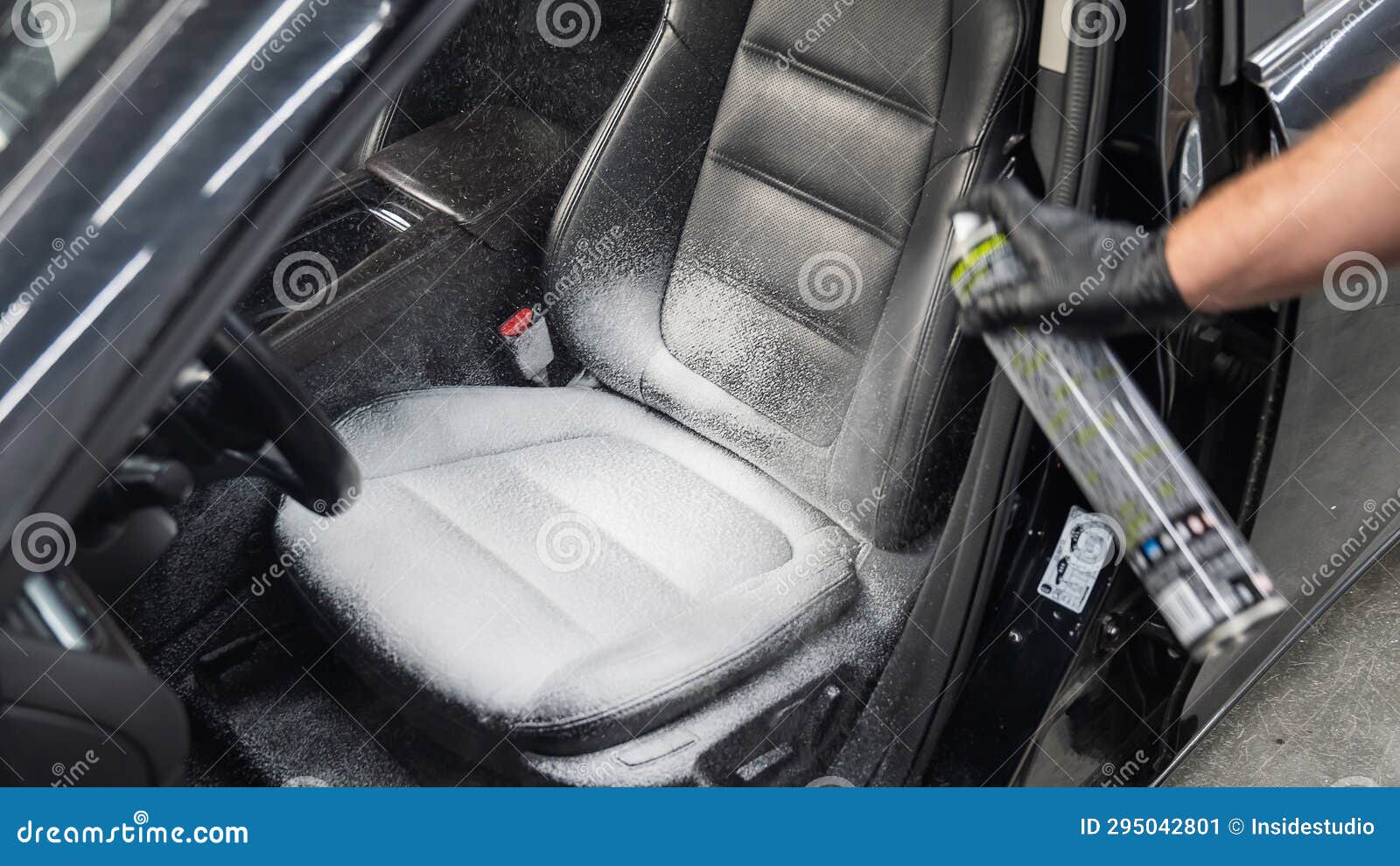 A Man Cleans Leather Car Seats with Foam. Stock Image Image of clear