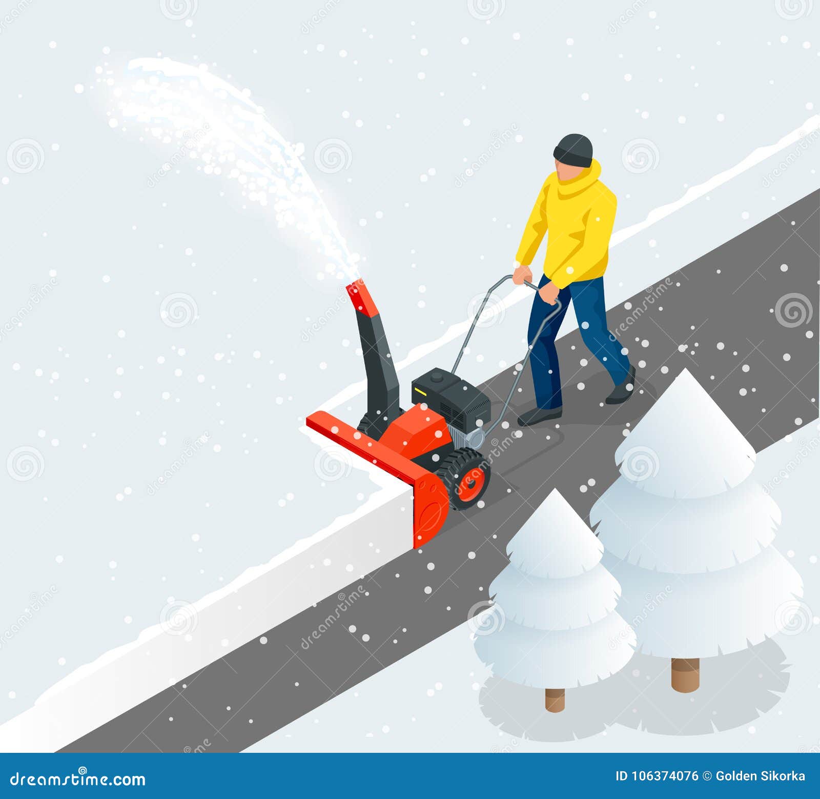 a man cleans snow from sidewalks with snowblower. city after blizzard. isometric  .