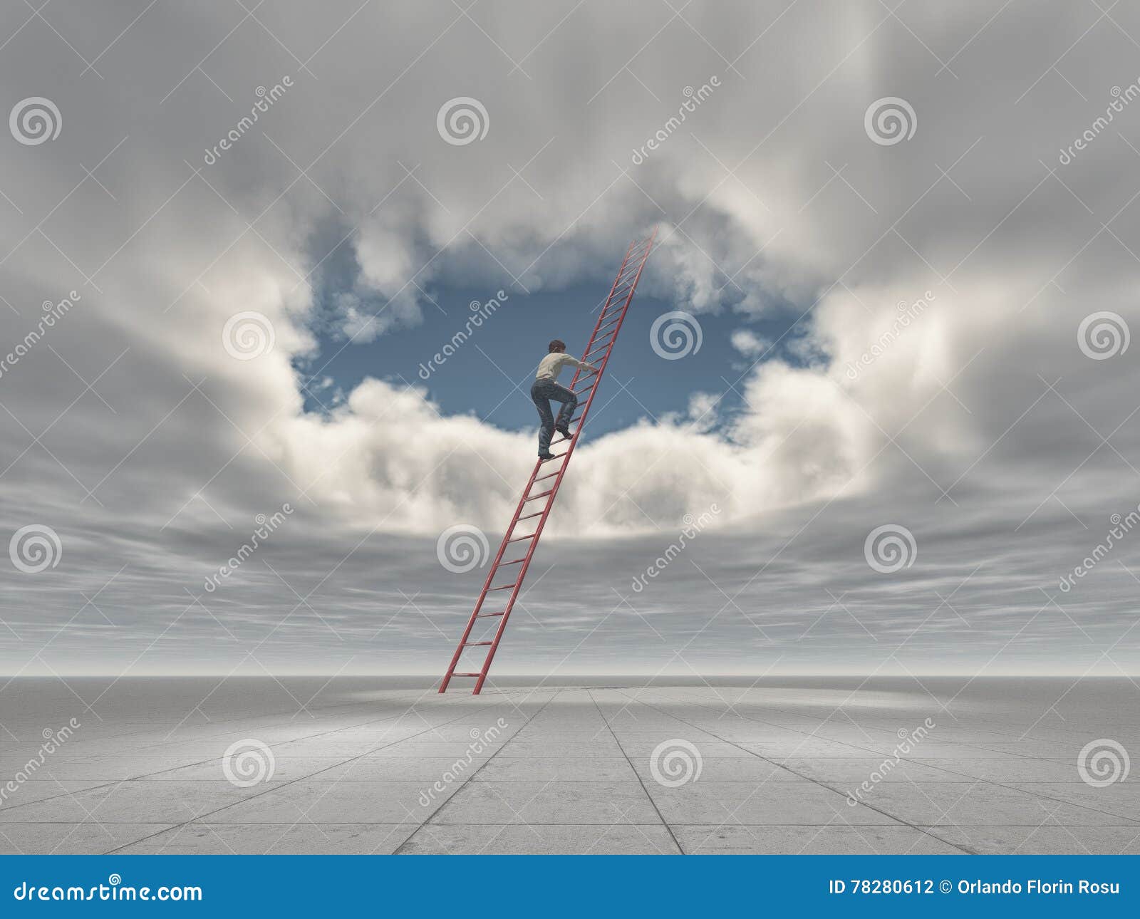 Man Climb a Ladder To a Hole in the Sky Stock Illustration