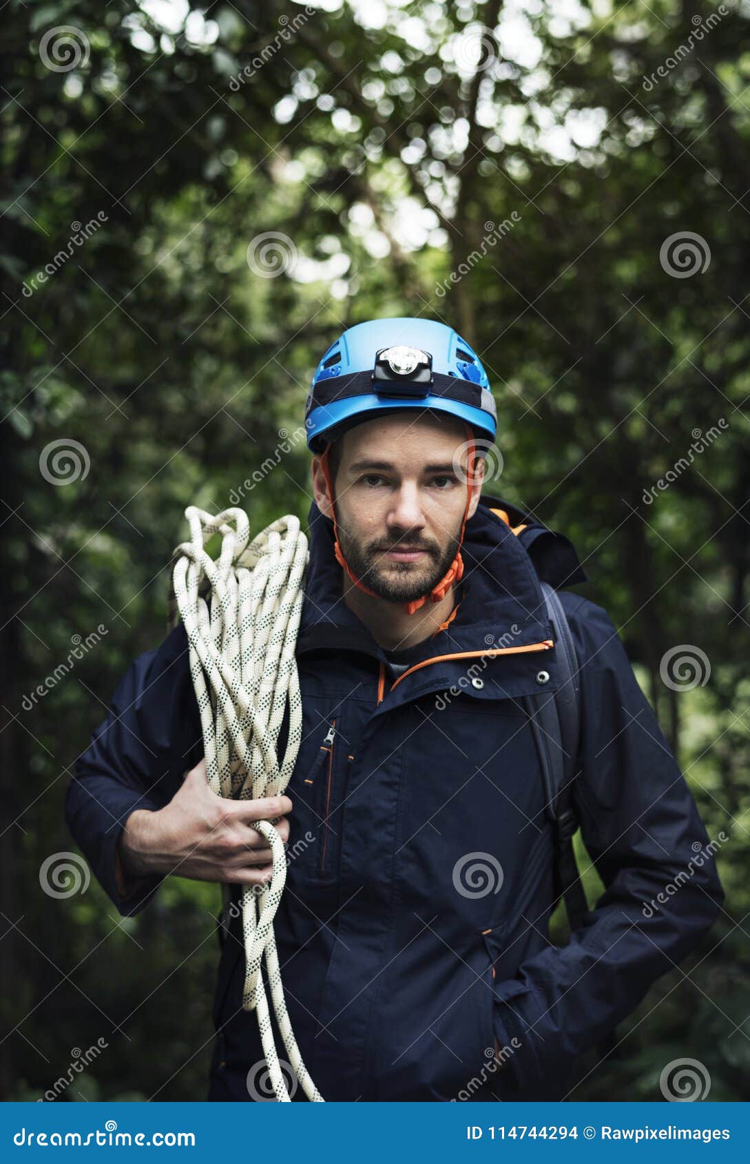 Man with Climbing Rope on Shoulder Stock Photo Image of headlight