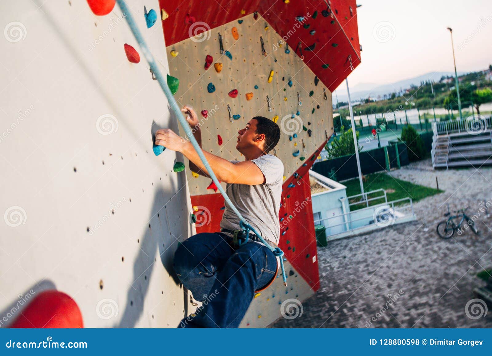 Man Climbing Wall with Grips Stock Photo Image of bouldering