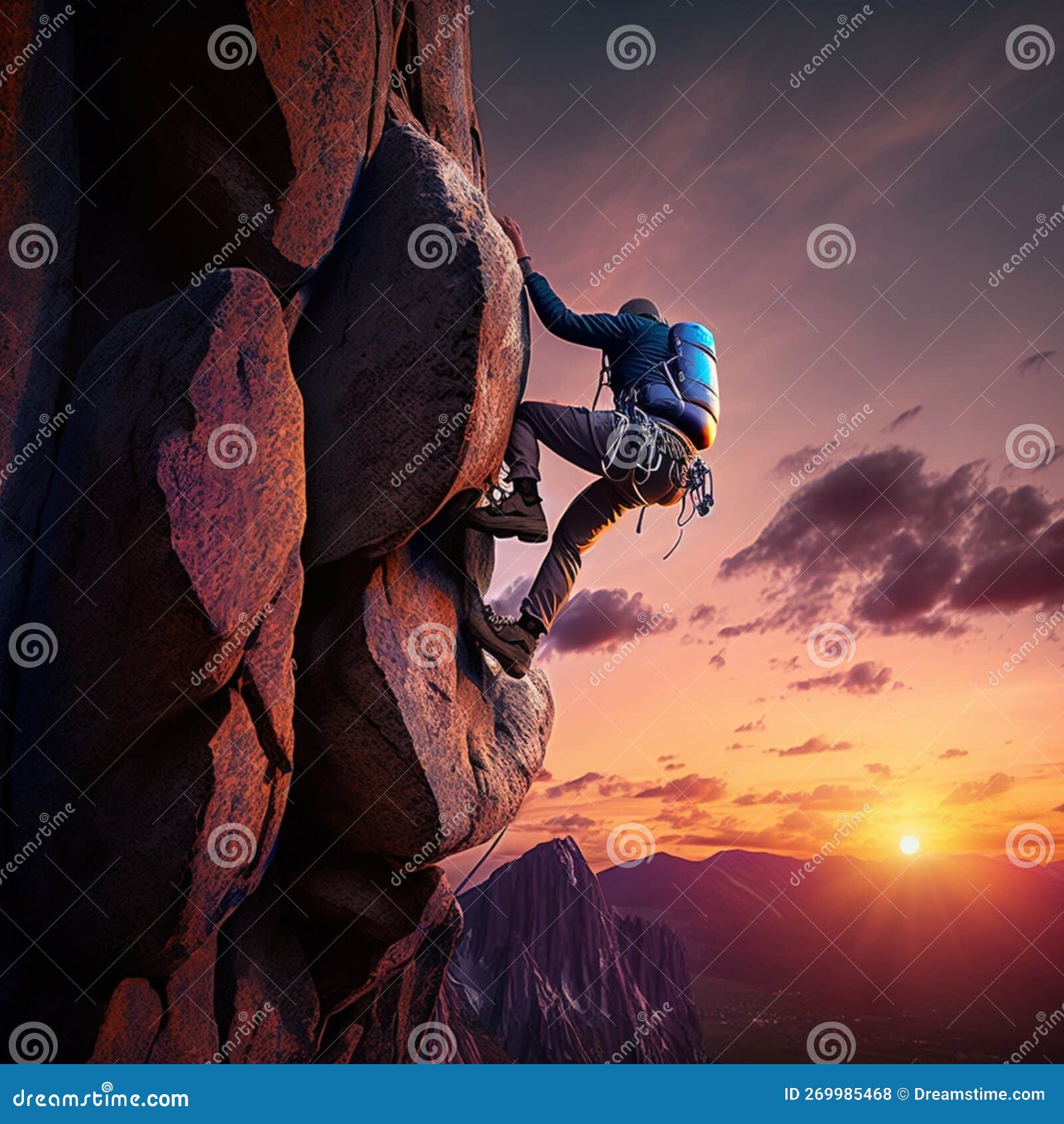 Man Climbs Up Mountain Climber on Rock Wall at Sun Stock Illustration