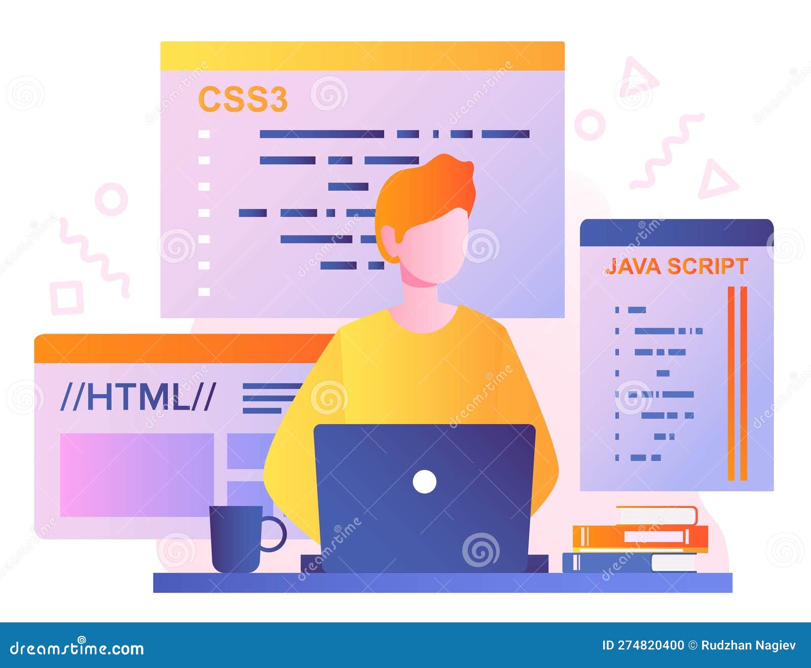 Man coding at laptop stock illustration. Illustration of blue - 274820400