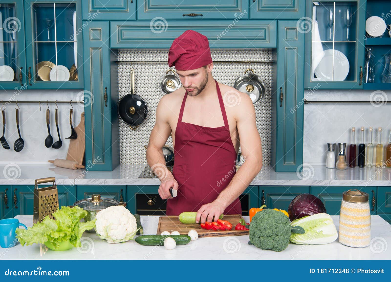 Sexy Man Cook Man With Muscular Torso In Chef Apron Cuisine Male Housewife Husband In