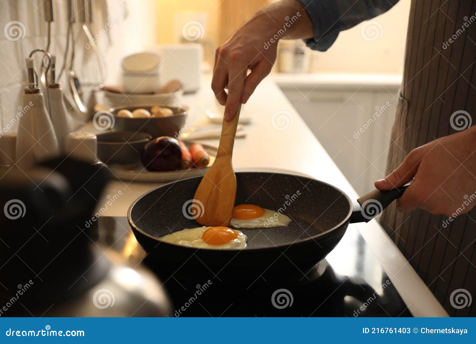 Man Cooking Eggs in Frying Pan, Closeup Stock Image Image of cooking