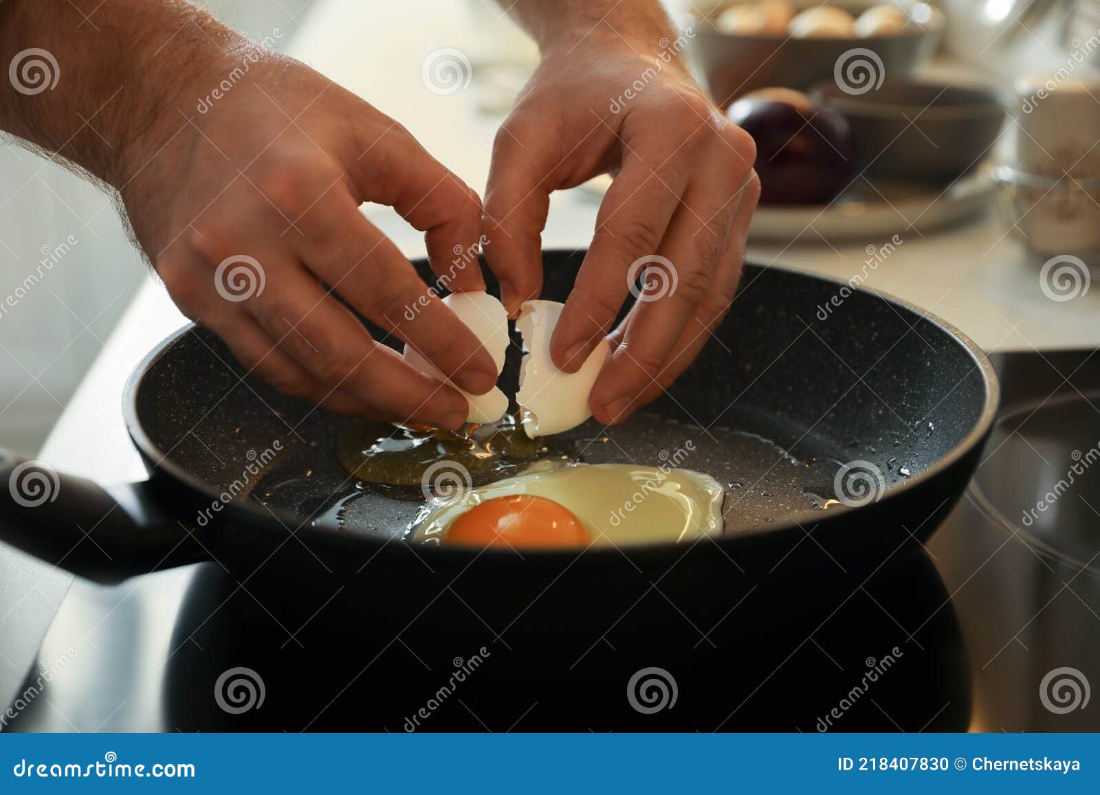 Man Cooking Eggs in Frying Pan, Closeup Stock Photo Image of