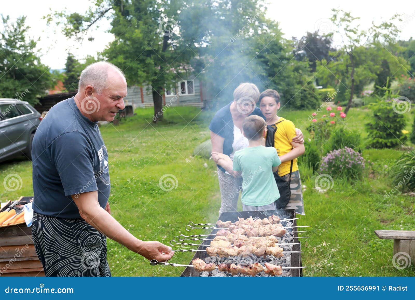 Man Cooking Pork Kebabs on Skewers Stock Image Image of cooking