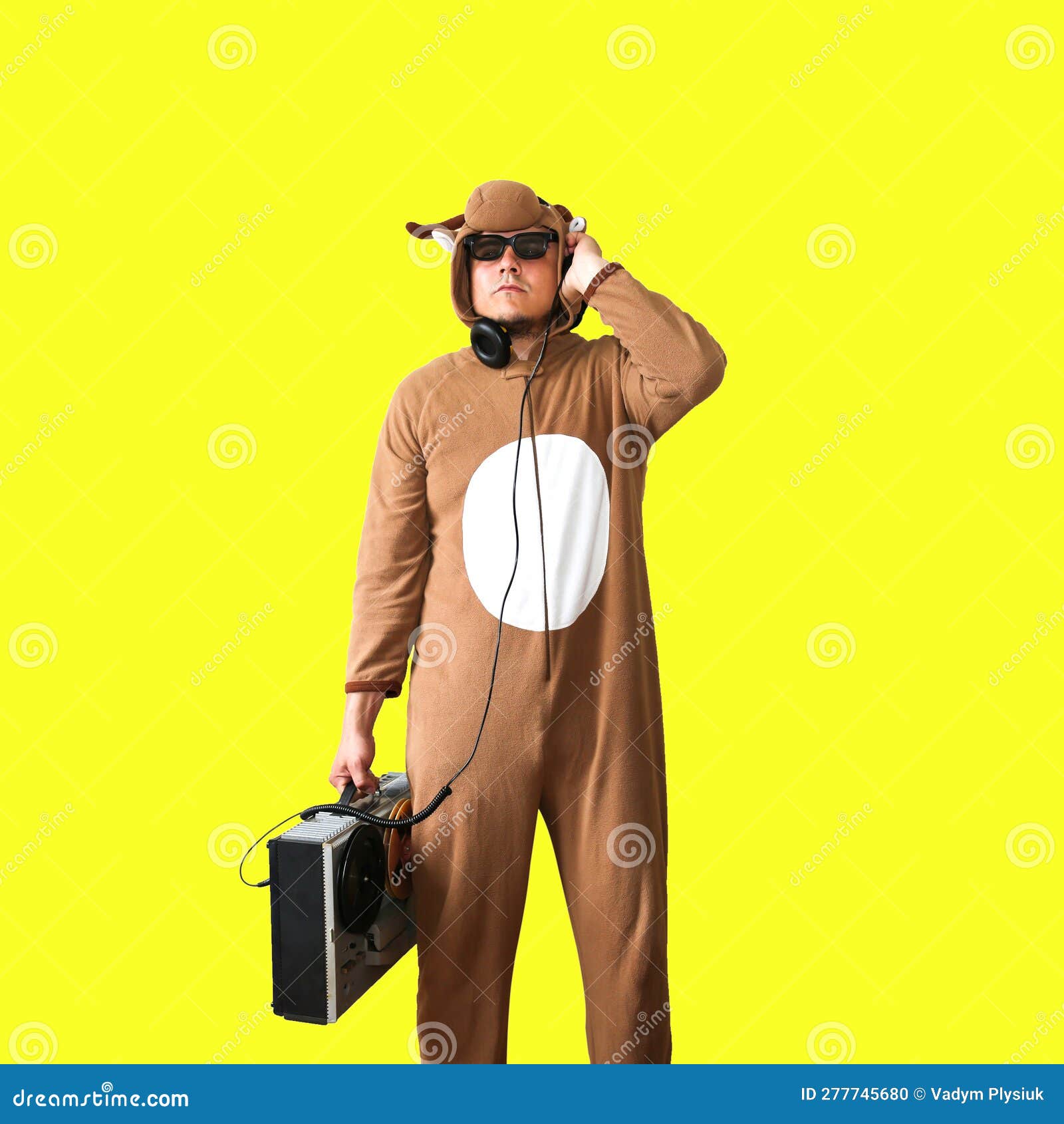 https://thumbs.dreamstime.com/z/man-cosplay-costume-cow-reel-tape-recorder-guy-animal-pyjamas-sleepwear-funny-photo-party-ideas-disco-retro-music-277745680.jpg