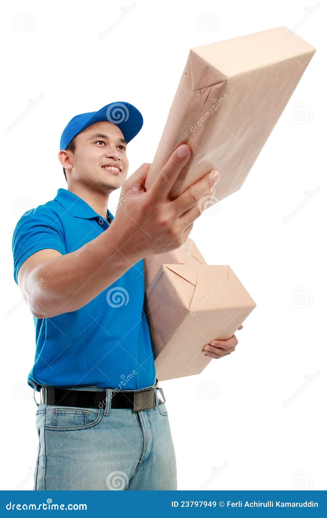 Man courier with packages stock image. Image of blue 23797949