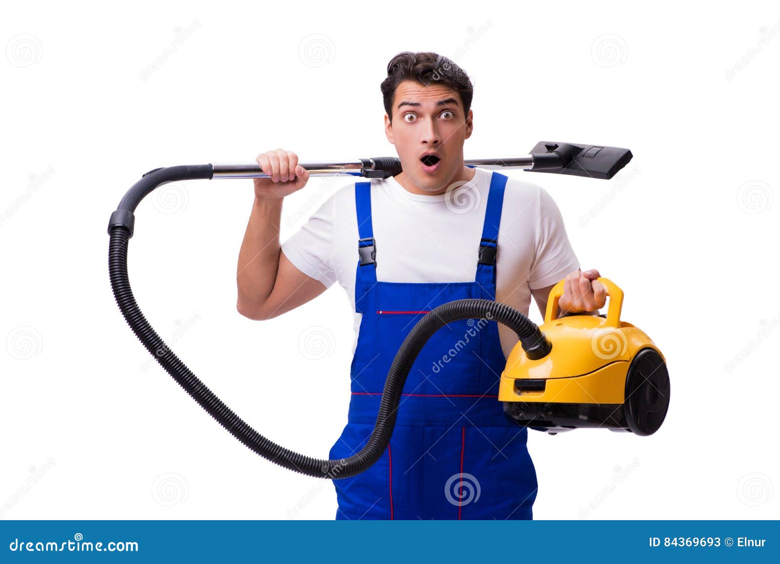 The Man in Coveralls Doing Vacuum Cleaning on White Stock Image Image