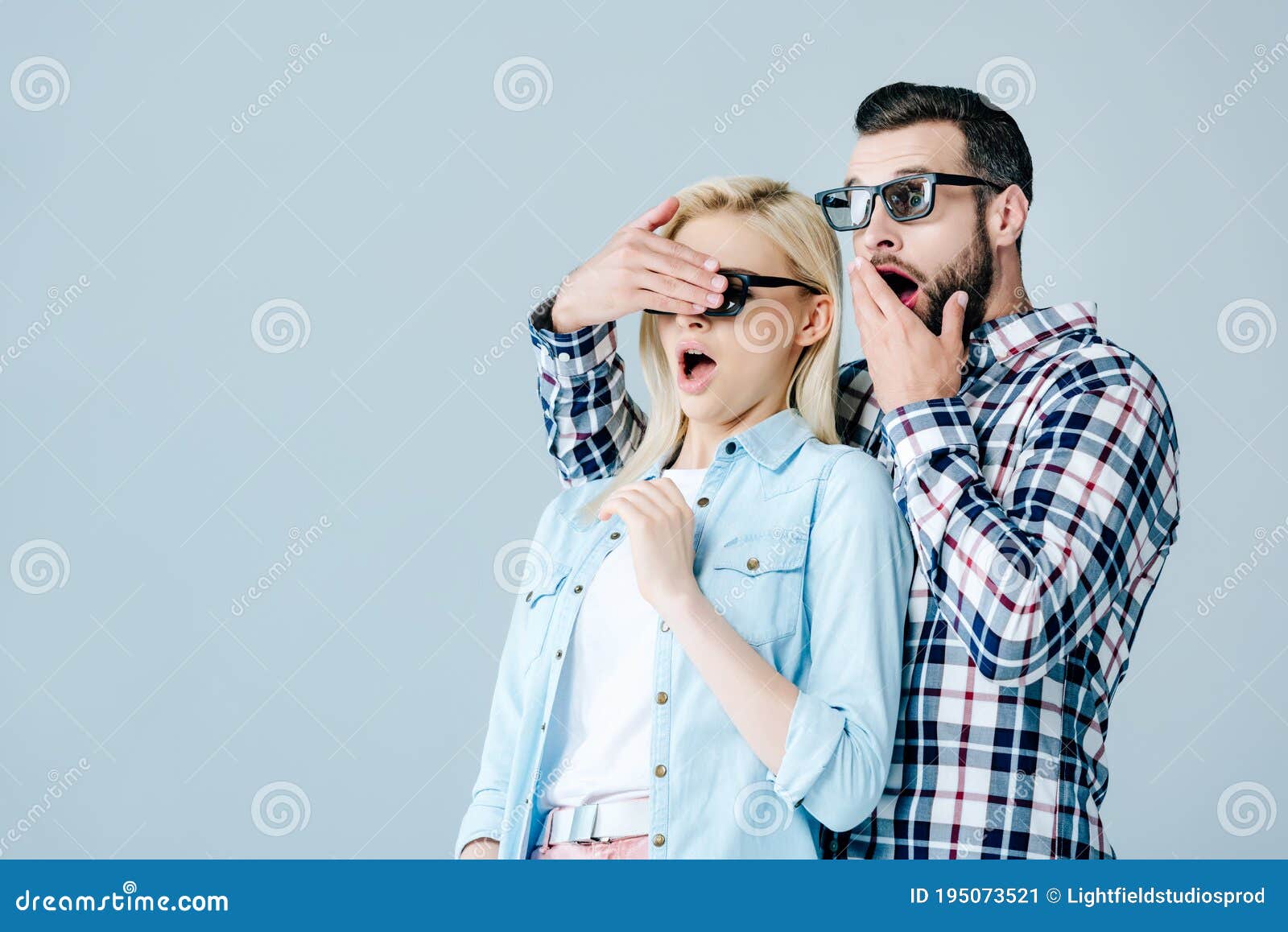 Man Covering Eyes of Girl in 3d Glasses while Watching Movie Isolated ...