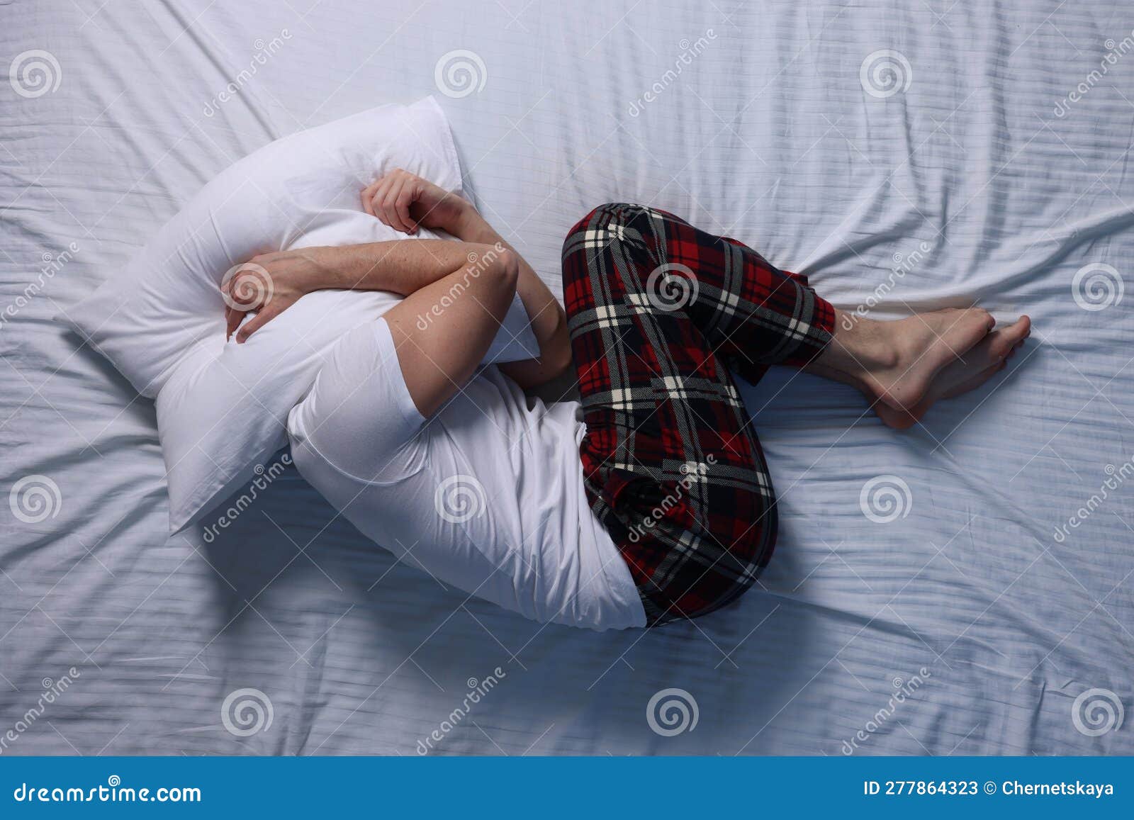 Man Covering His Head with Pillow on Bed, Top View. Insomnia Problem Stock Image Image of