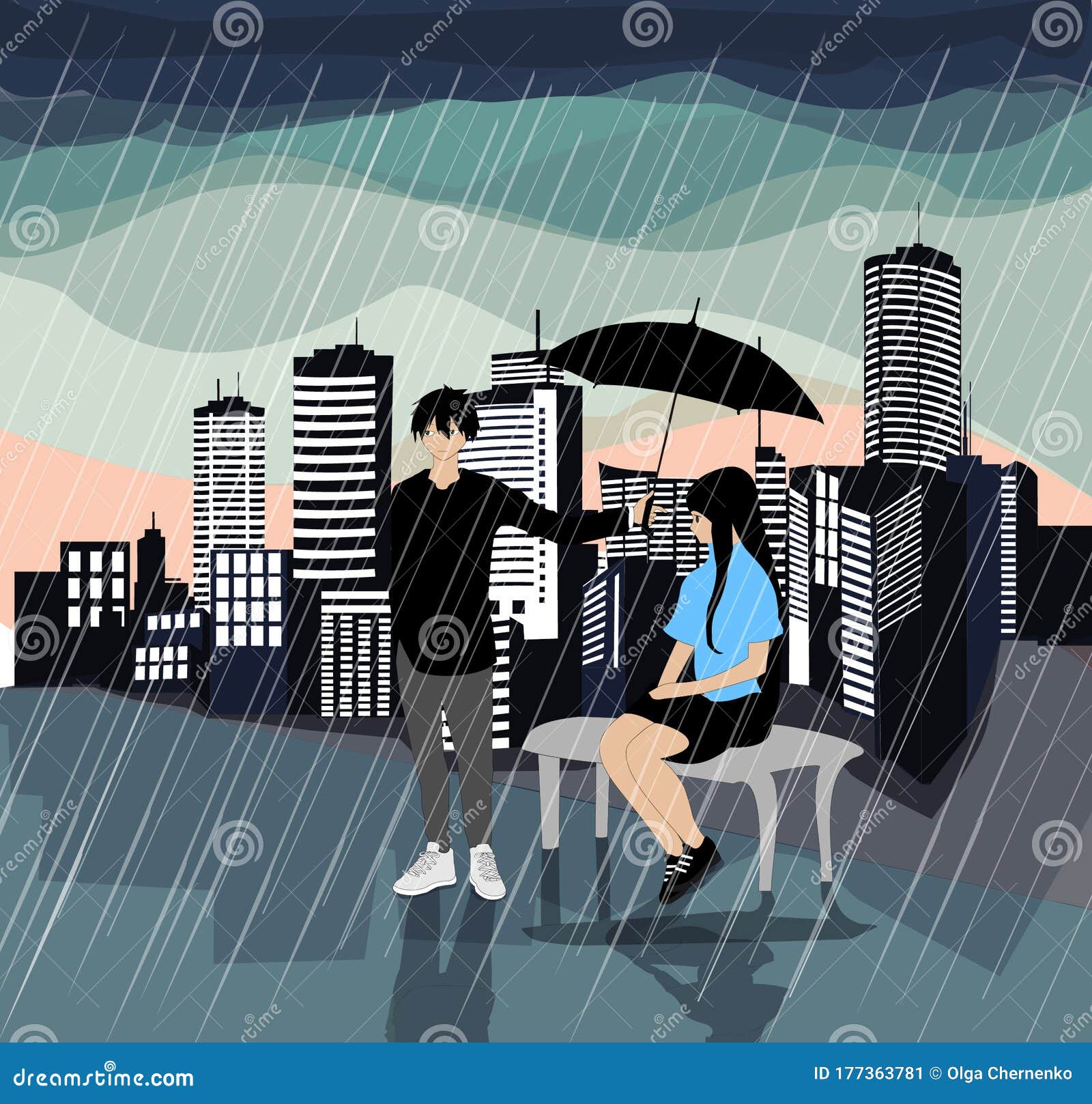 A Man Covers a Woman in the Rain, First Love. Stock Illustration