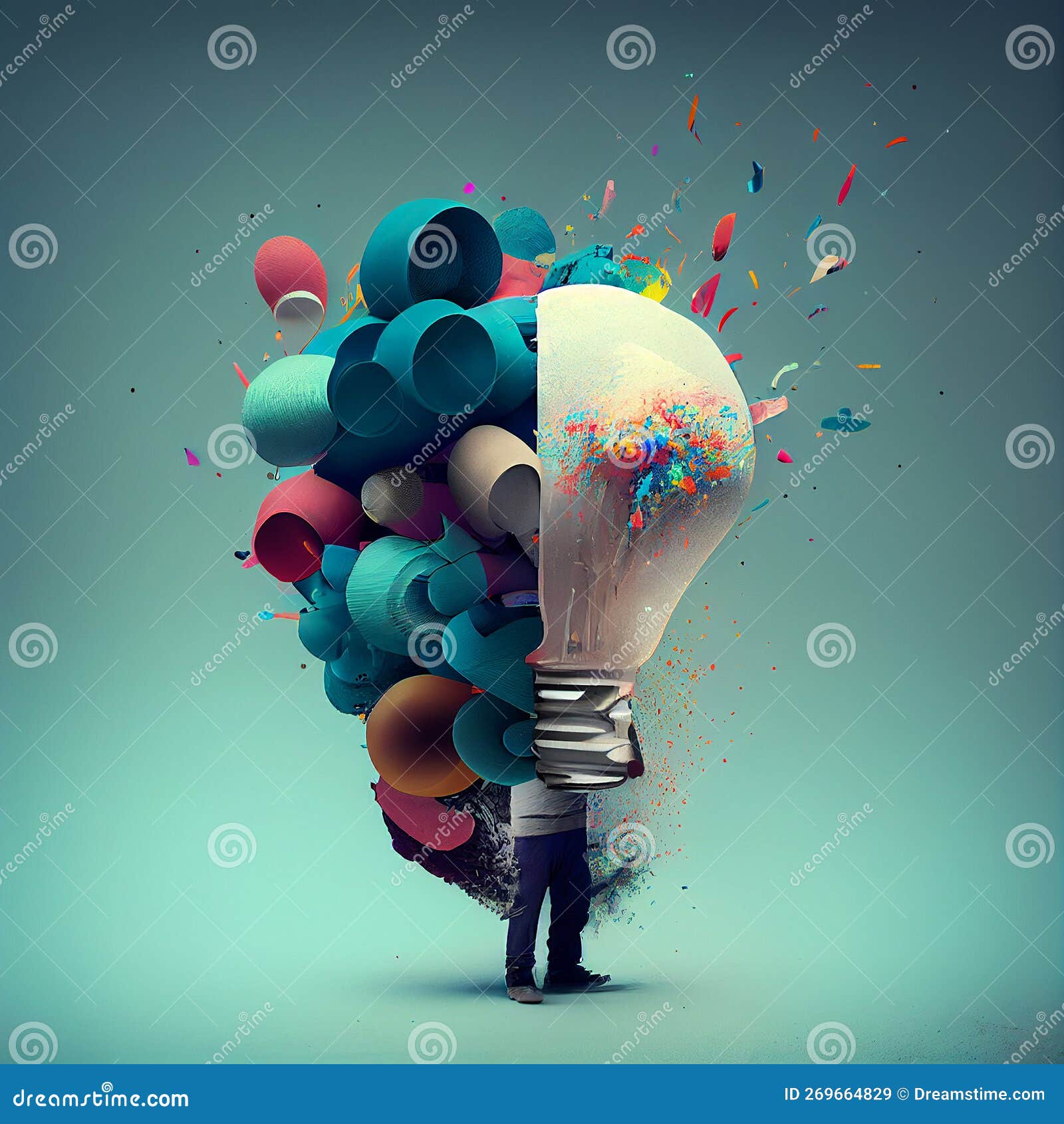 man with creative light bulb, explosion of ideas, colorful splashes, brainstorming for solutions, smart brain