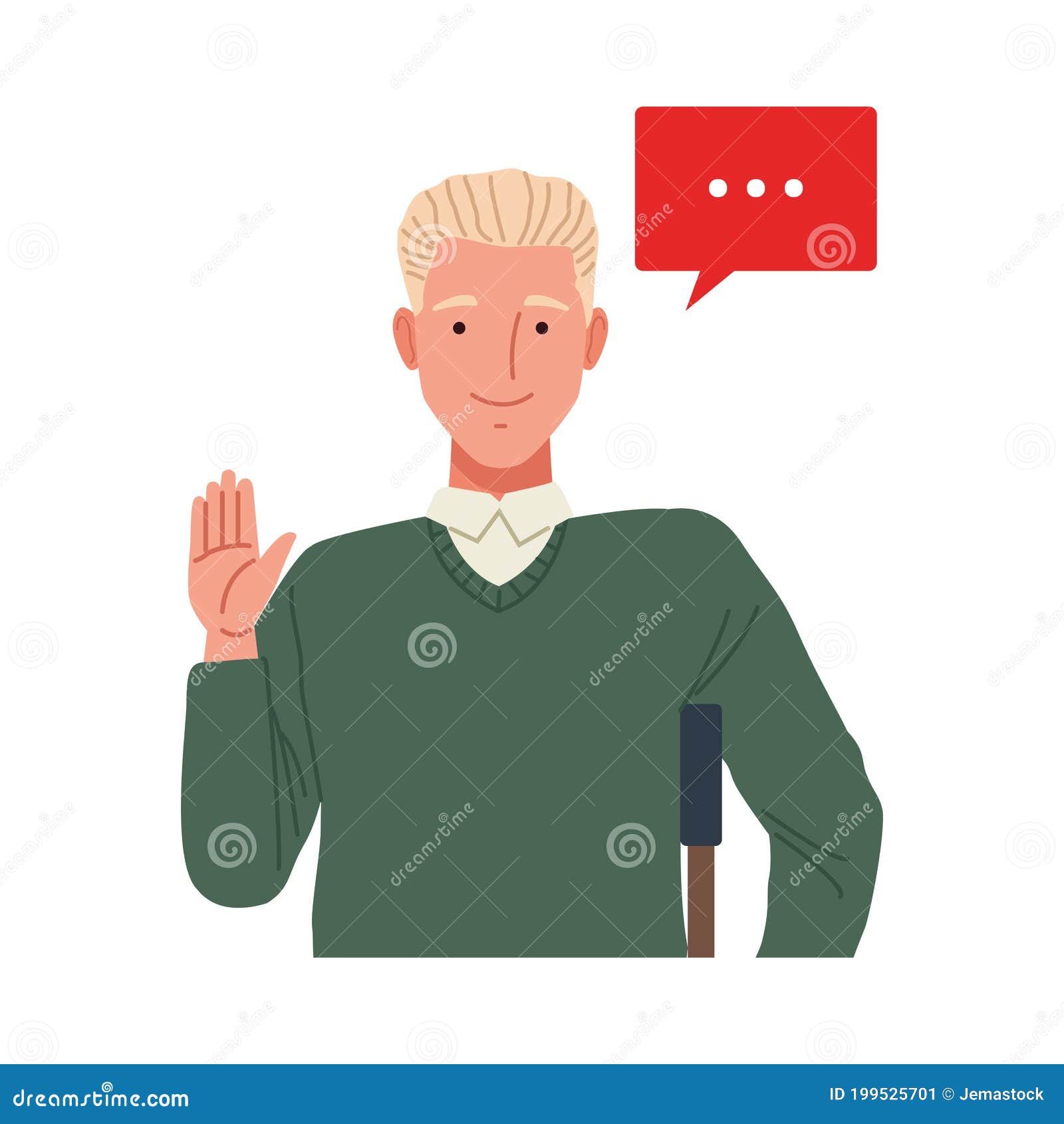 Man in Crutch Perfectly Imperfect Character with Speech Bubble Stock