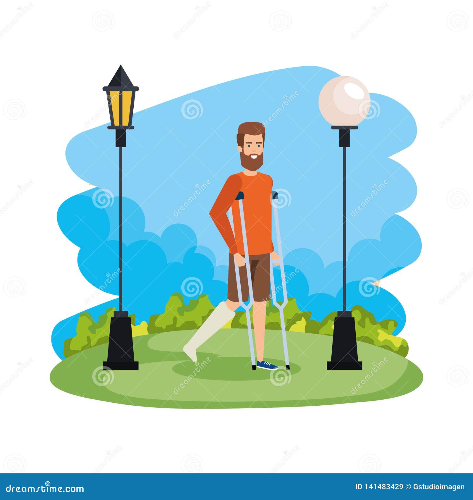 Man in crutches character stock vector. Illustration of handicapped