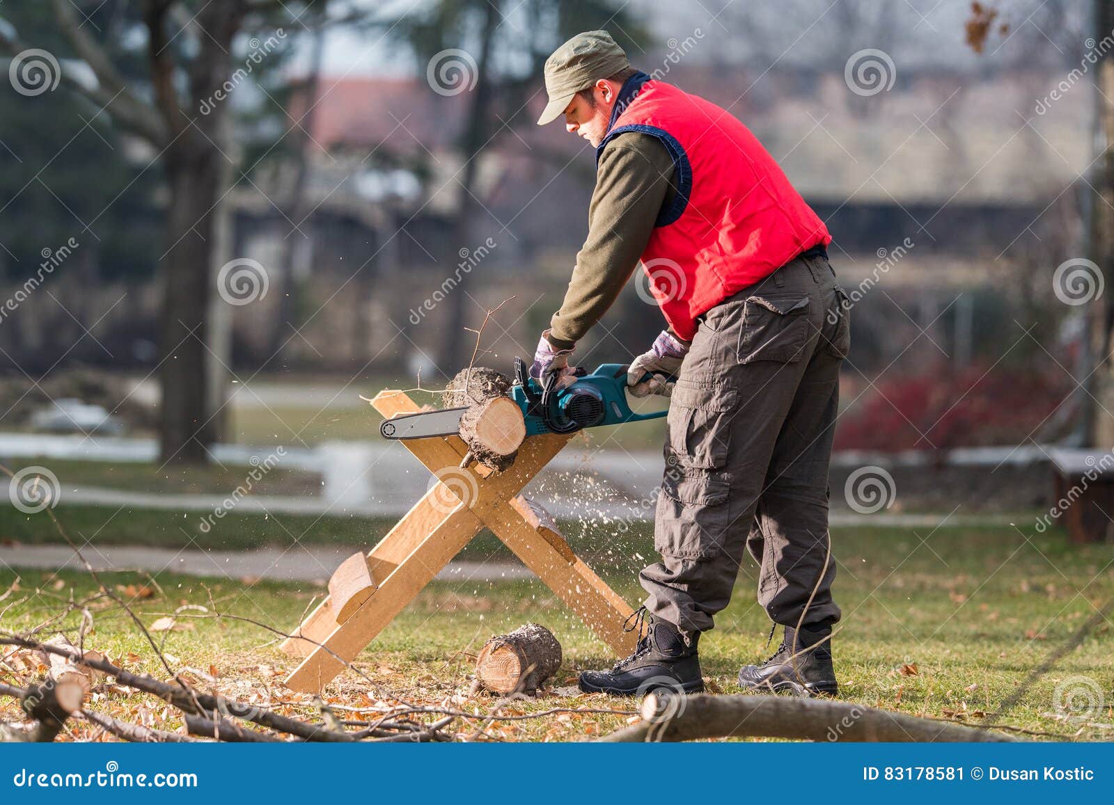 Man Cutting a Branch with Chainsaw in the Yard Stock Image Image of