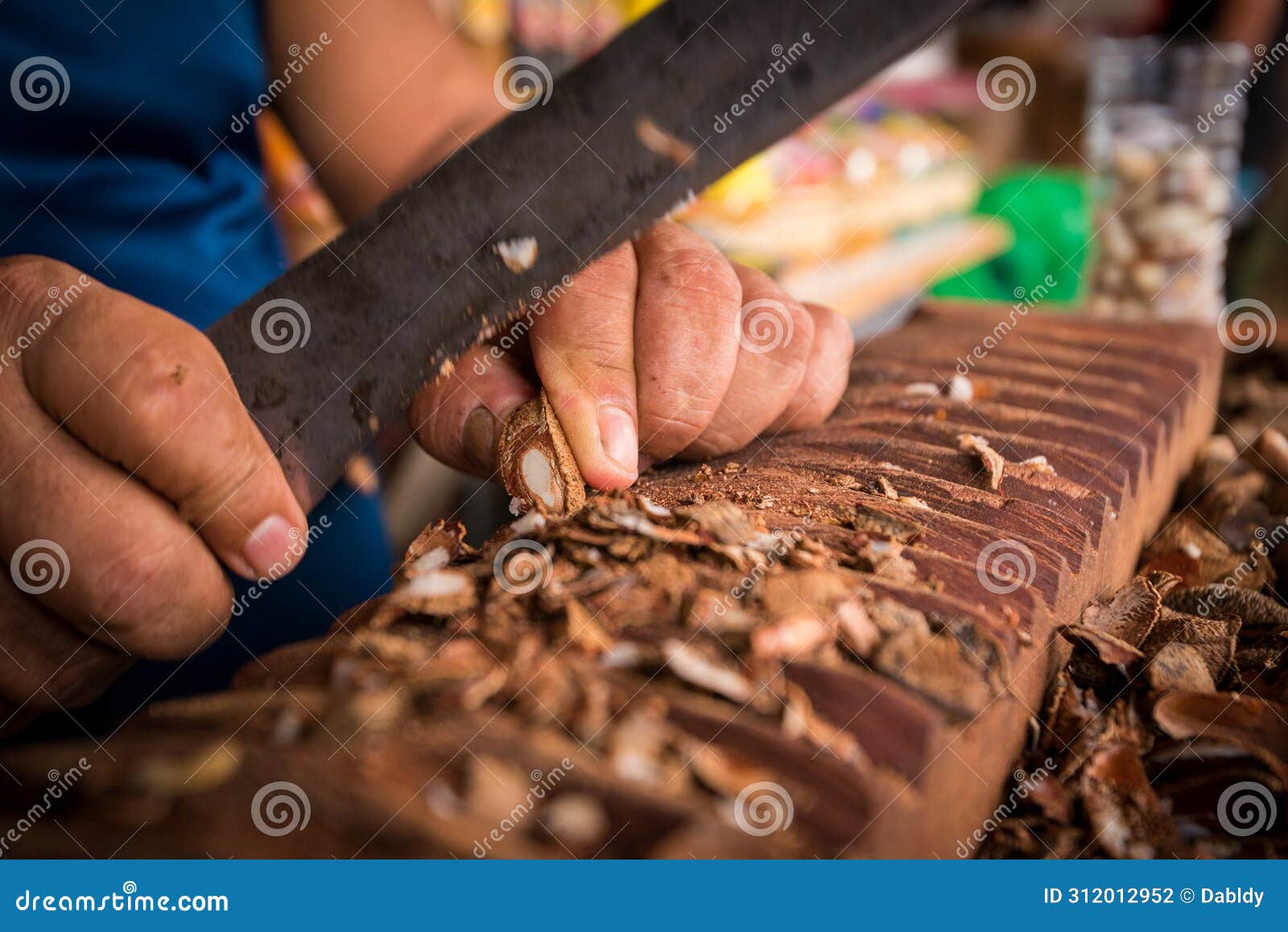 man cutting brazilian nuts with machete