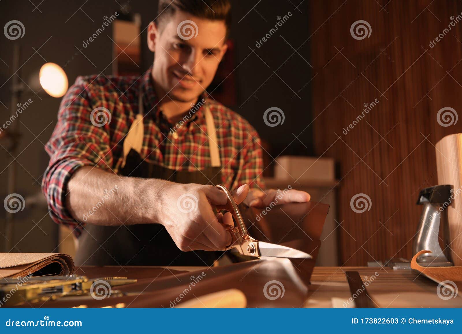 Man Cutting Leather with Scissors Stock Image Image of happy, hands