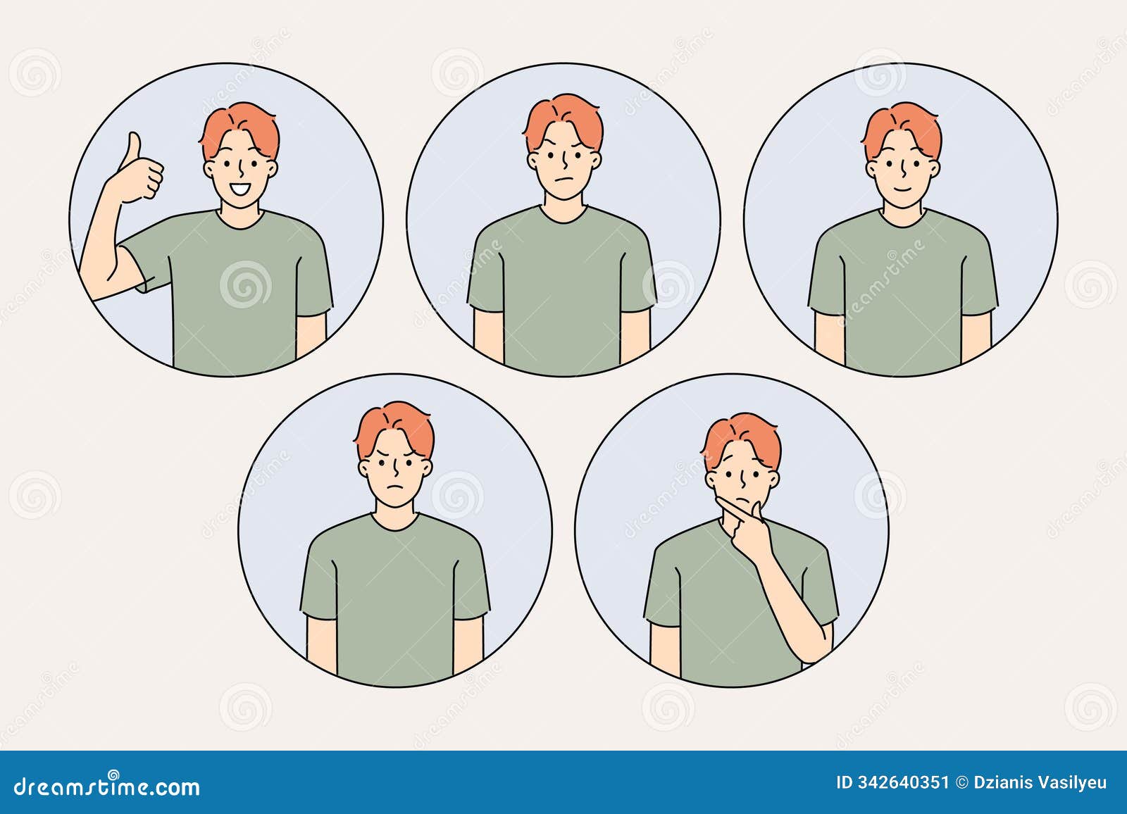 man with different moods shows positive and negative or surprised grimace, stands in casual clothes