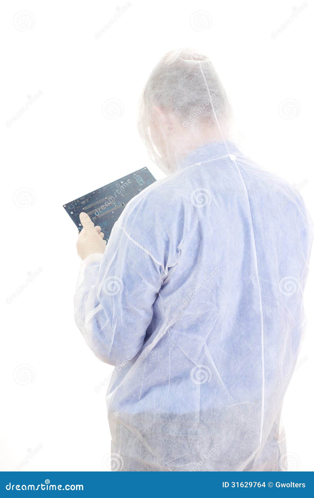 Man in disposable overall with mainboard