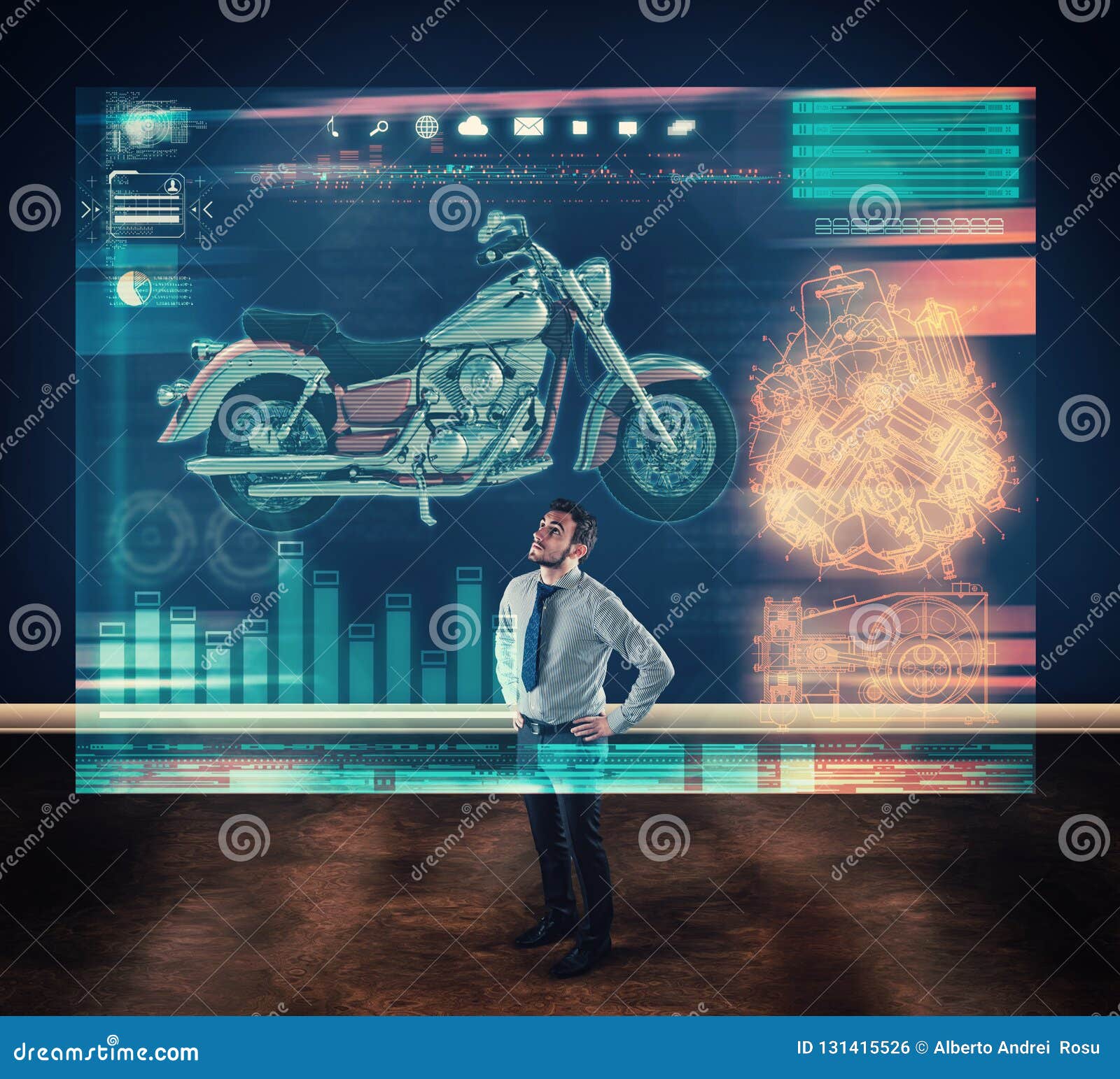 man do research about motocycle on digital screen holograma at home.