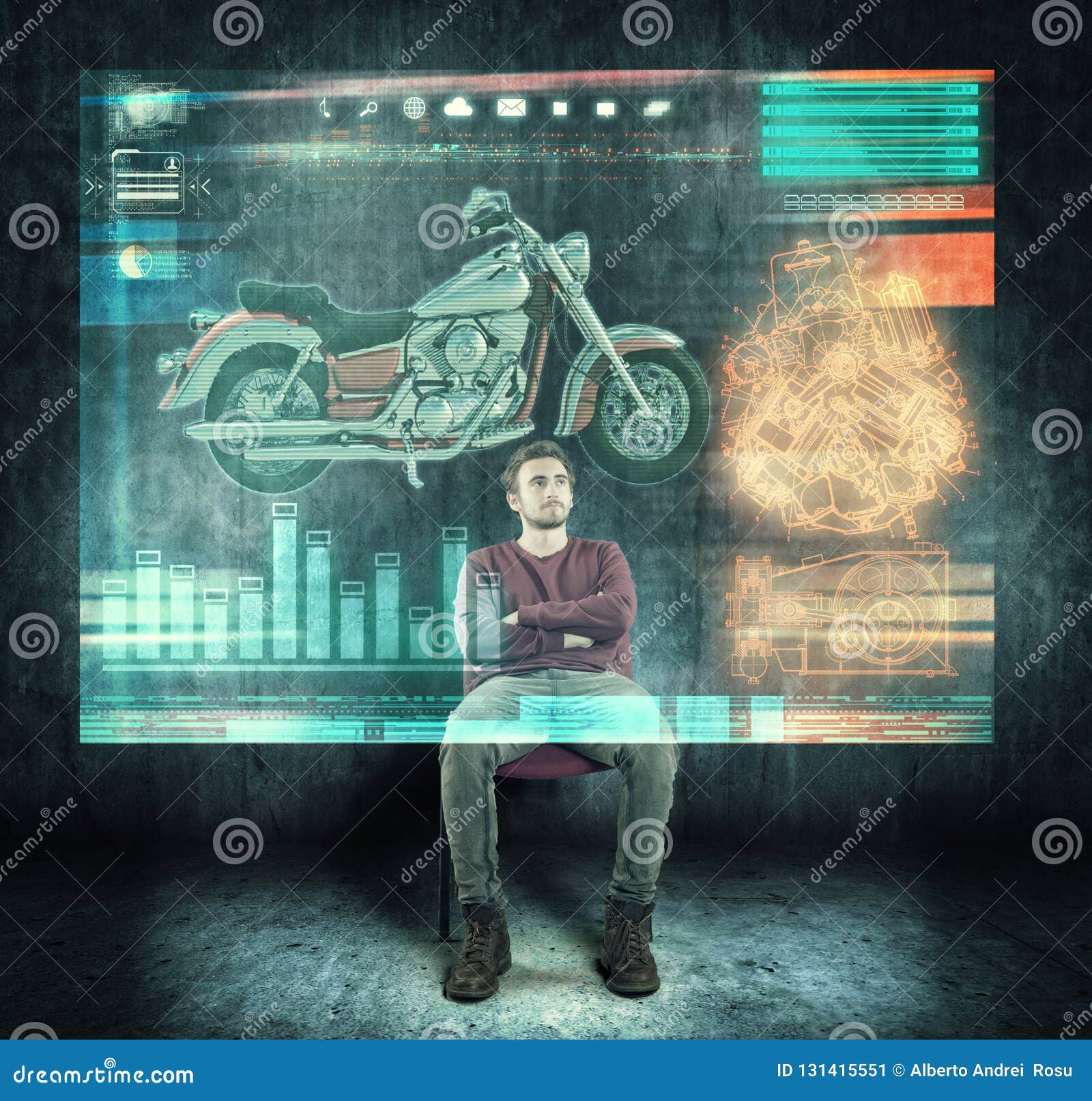 man do research about motocycle on digital screen holograma at home.