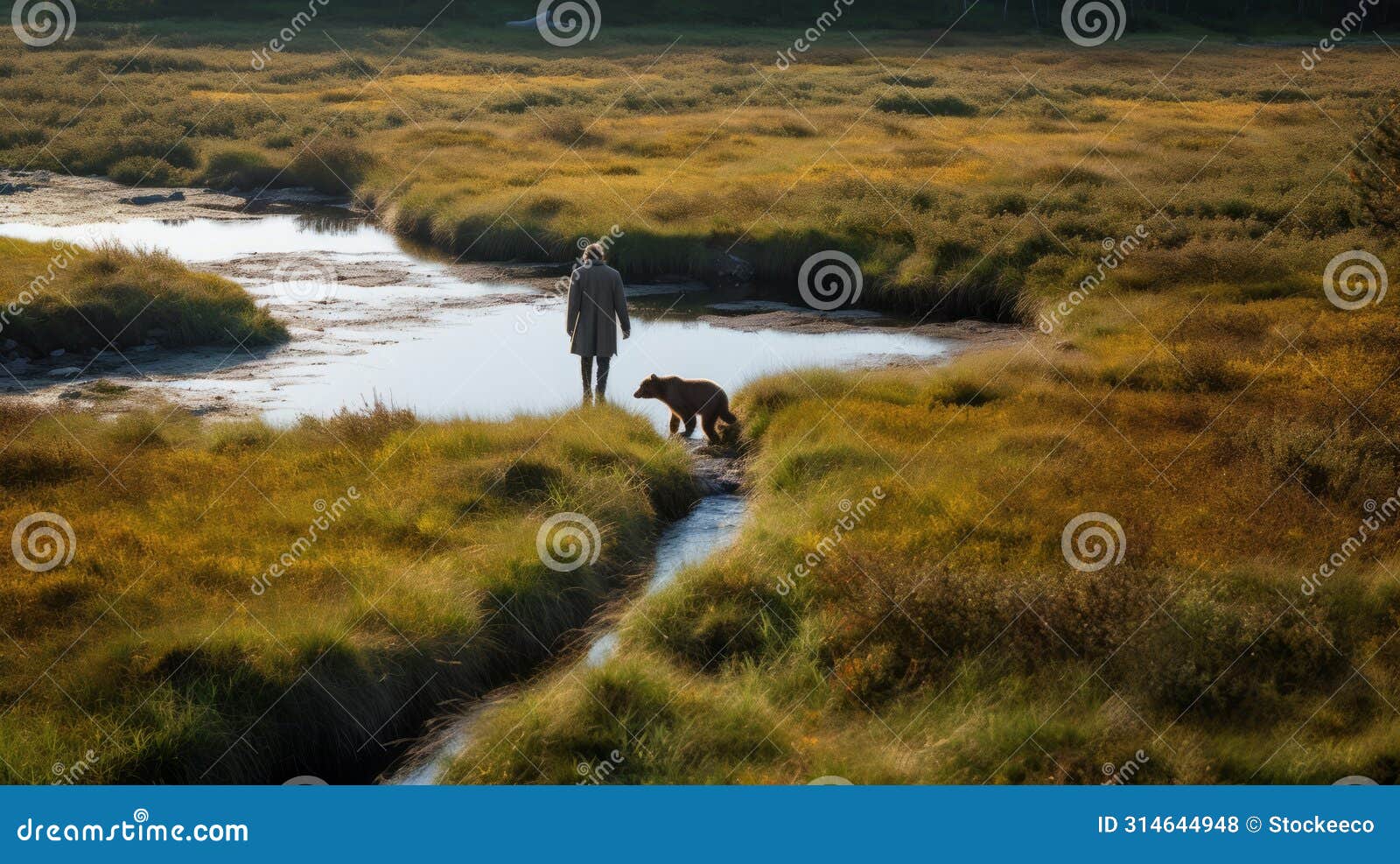 man and dog walking across stream in earthy sigma 85mm style