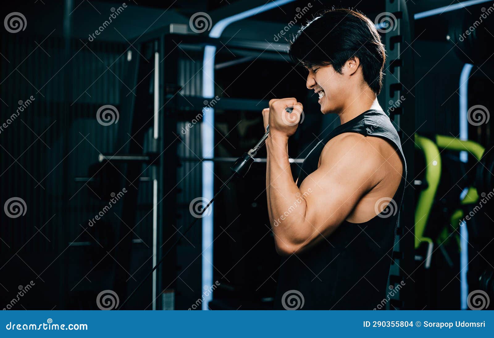 A Man Doing Cable Triceps Pull Ups with a Heavy Weight Stock Photo Image of muscular, dark