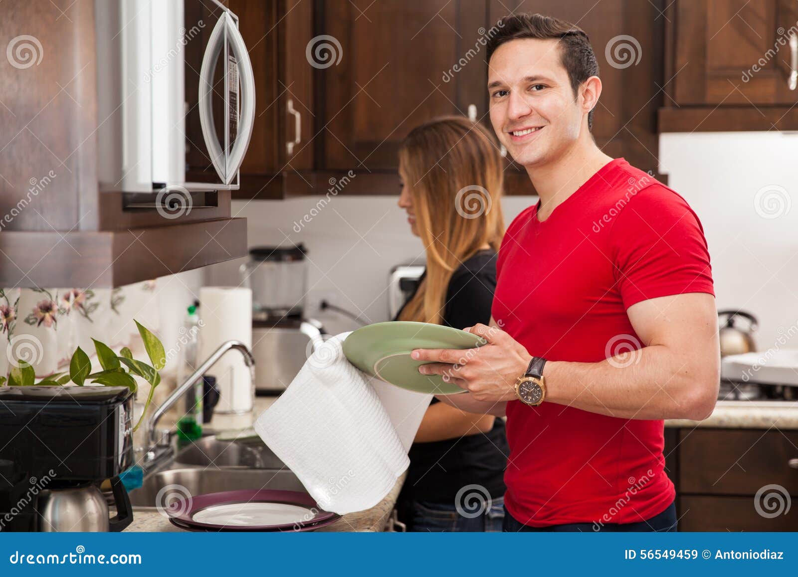 Man Doing Dishes With His Girl Stock Image Image Of Partner Dyed 56549459