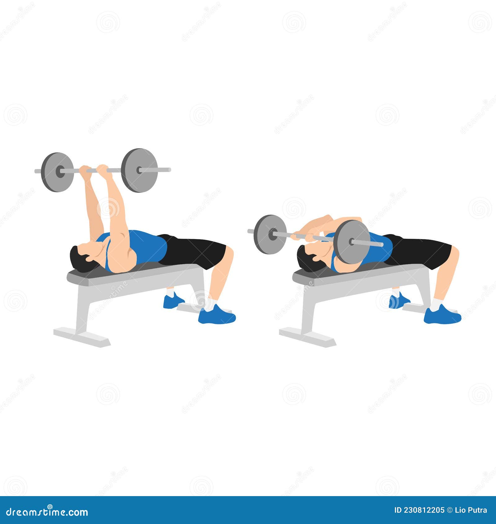 man doing flat bench barbell skull crushers exercise.