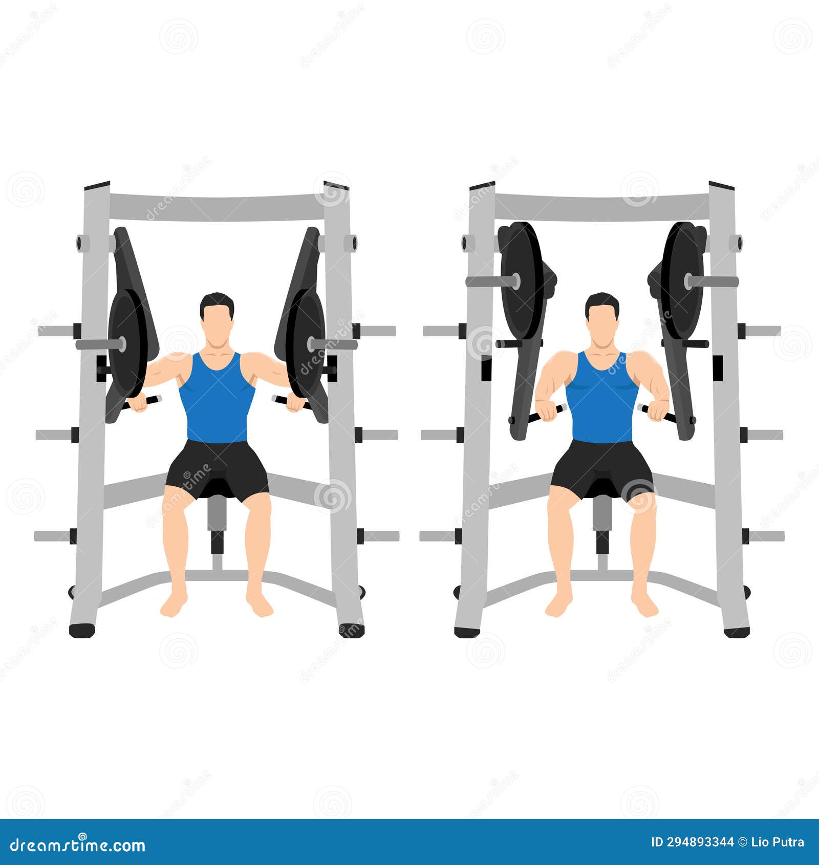 Man Doing Hammer Strength Chest Bench Press. Seated Chest Press Exercise Stock Illustration