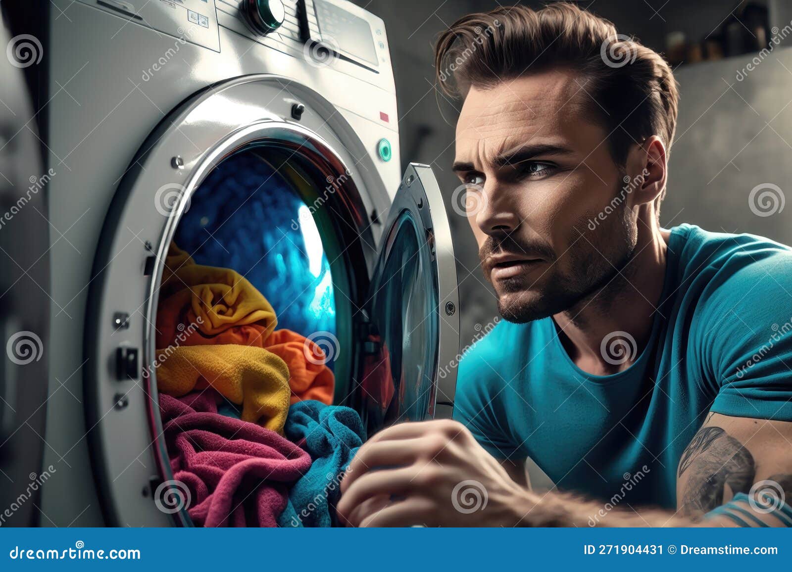 Man Doing Laundry Reaching Inside Washing Machine. AI Generation Stock