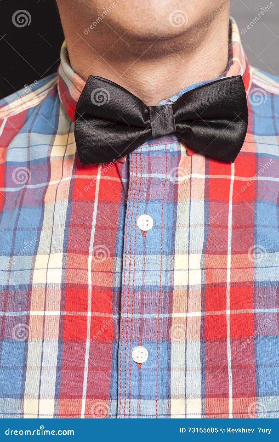 Man Dressed Checkered Shirt with Black Bow Tie Stock Image Image of