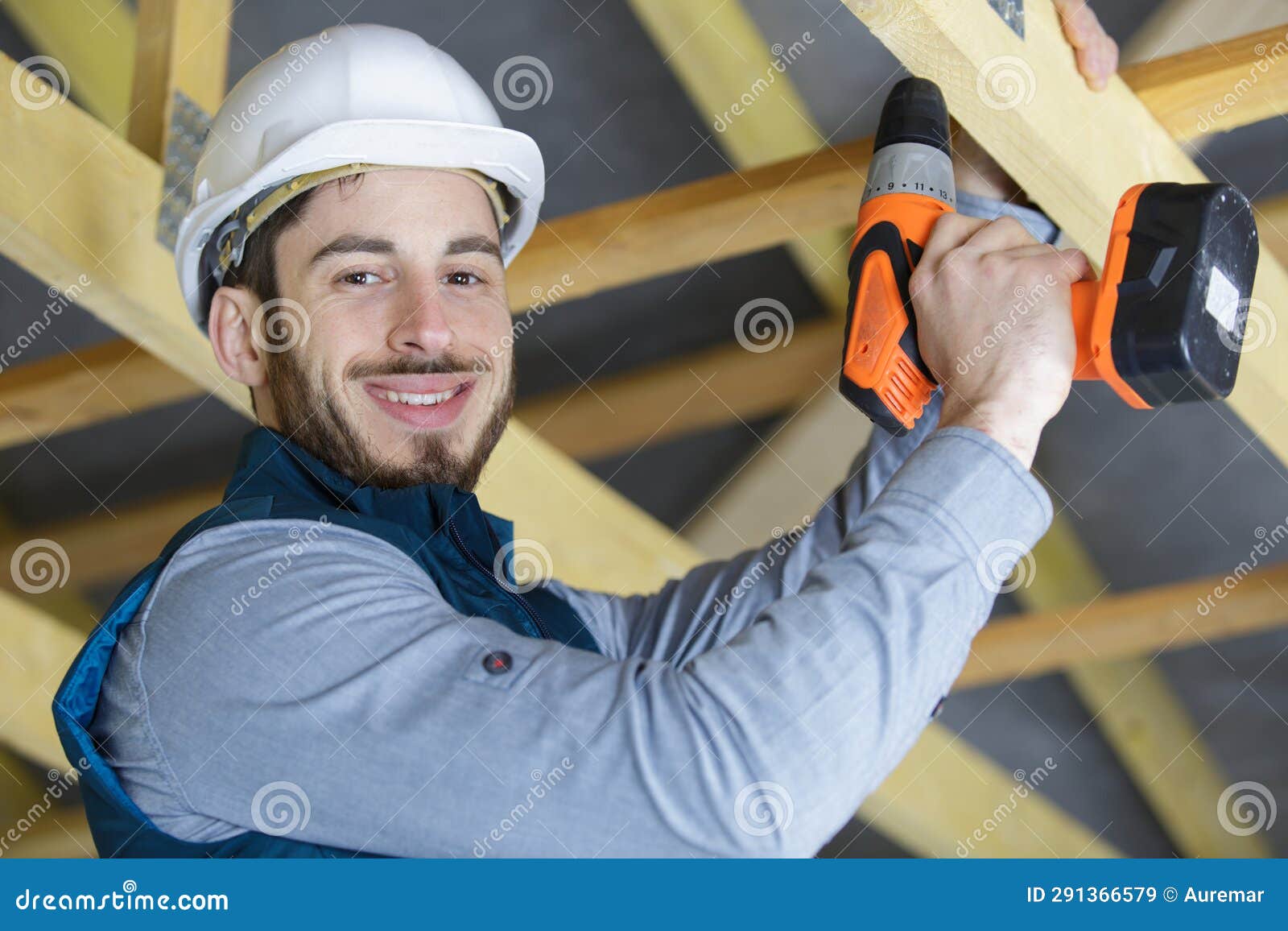 Man Drilling New House Construction Frame Stock Image Image of