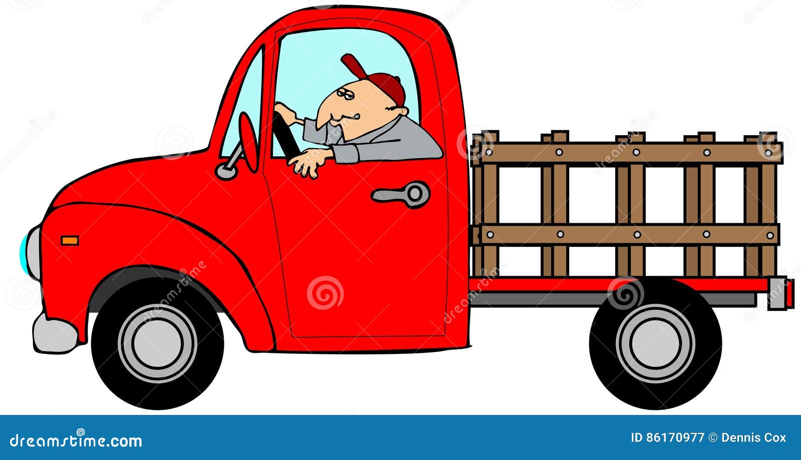 man driving a red stake-side truck