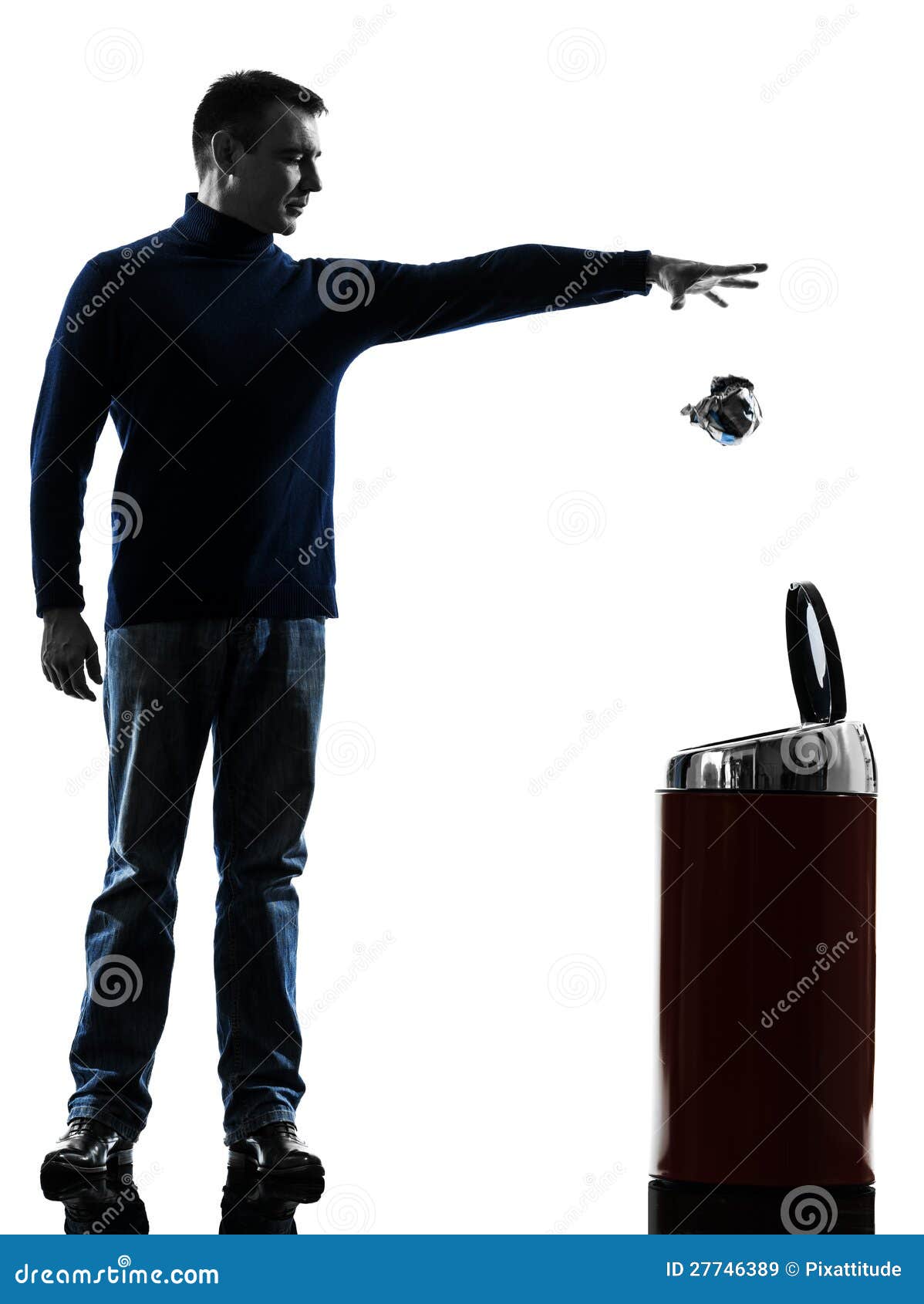 man dropping a paper in a trash bin silhouette